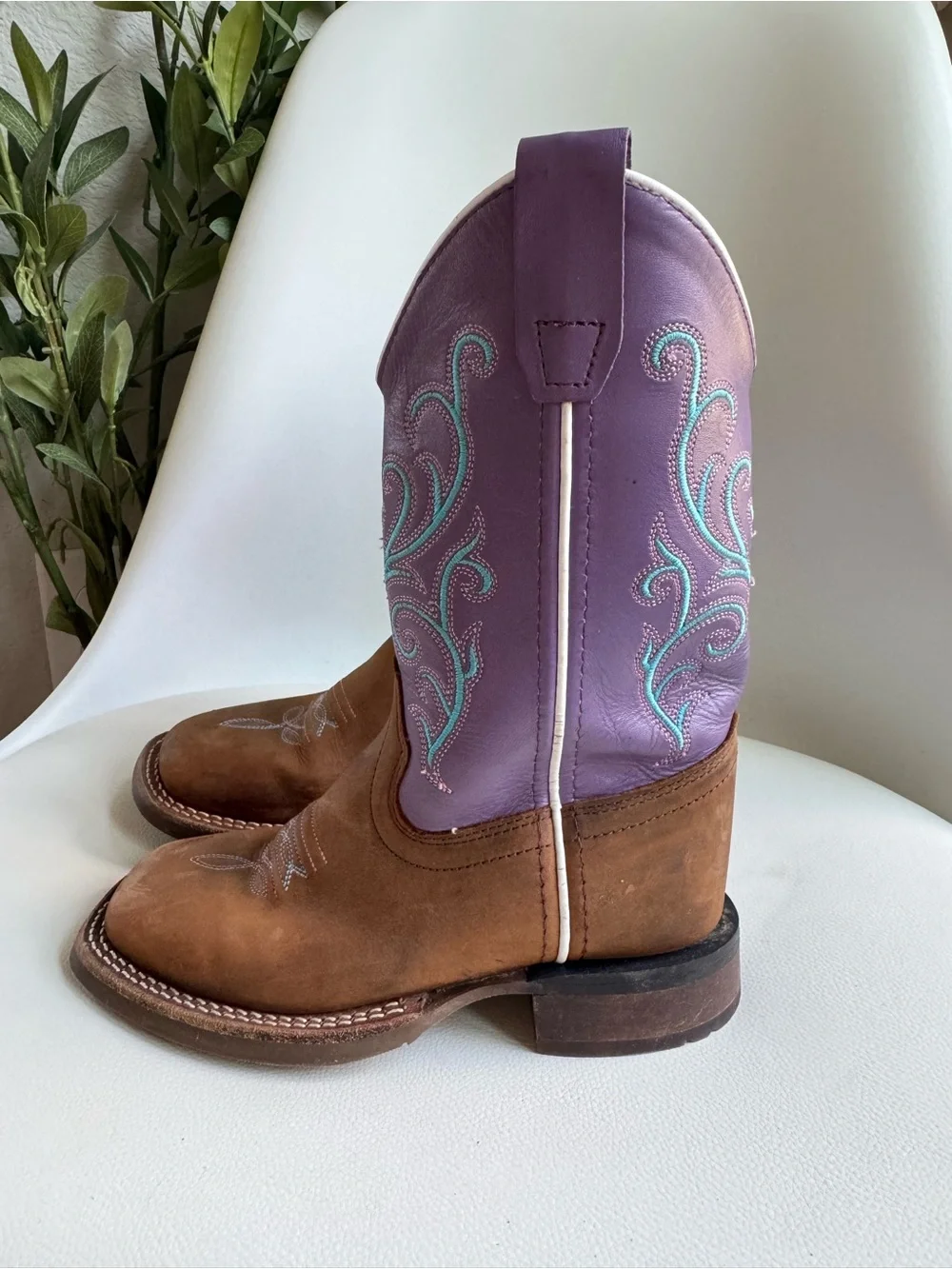 Old West BSC1907 Girls Cowboy Boots Size 12D Brown Purple Leather Western